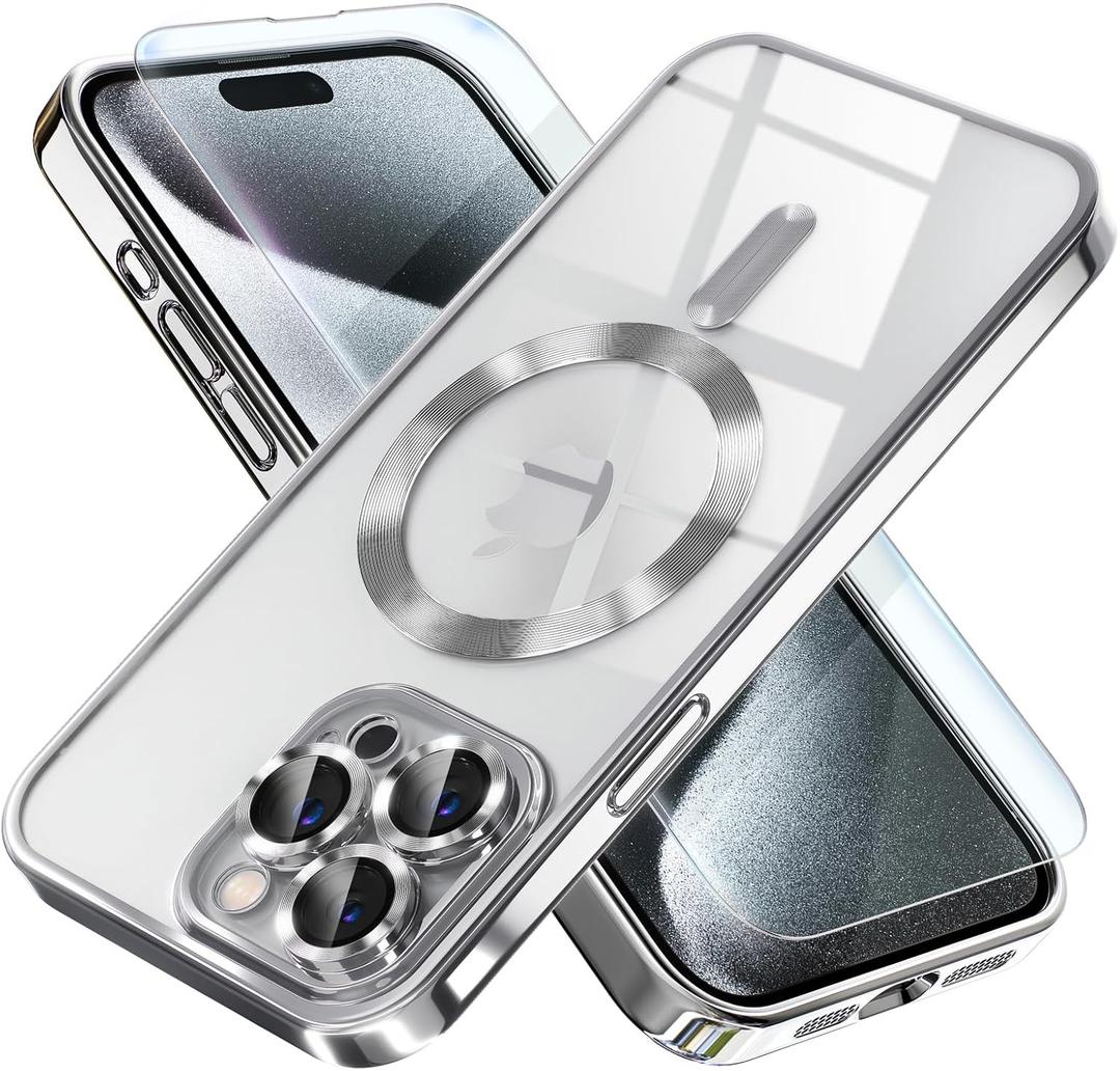 Misea Magnetic for iPhone 15 Pro Max Case with MagSafe [Never Yellowing] [Military Grade Drop Protection] Full Camera Lens Protector Plating Soft Clear Phone Case for Women Girls, Silver