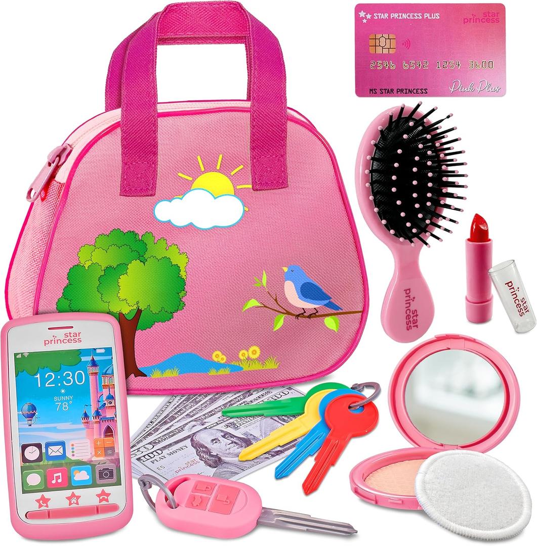 Toddler Play Purse for Kids with Accessories, Toys for Girls with Pretend Makeup, Keys, Smartphone, Dress Up Toy Purse for Toddlers and Kids - Birthday Gift for Little Toddler Girls Ages 3 4 5 6, Pink