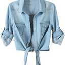 AMEBELLE Women's Roll Up 3/4 Sleeve Tie Front Knot Shirt Chambray Denim Crop Top, Small
