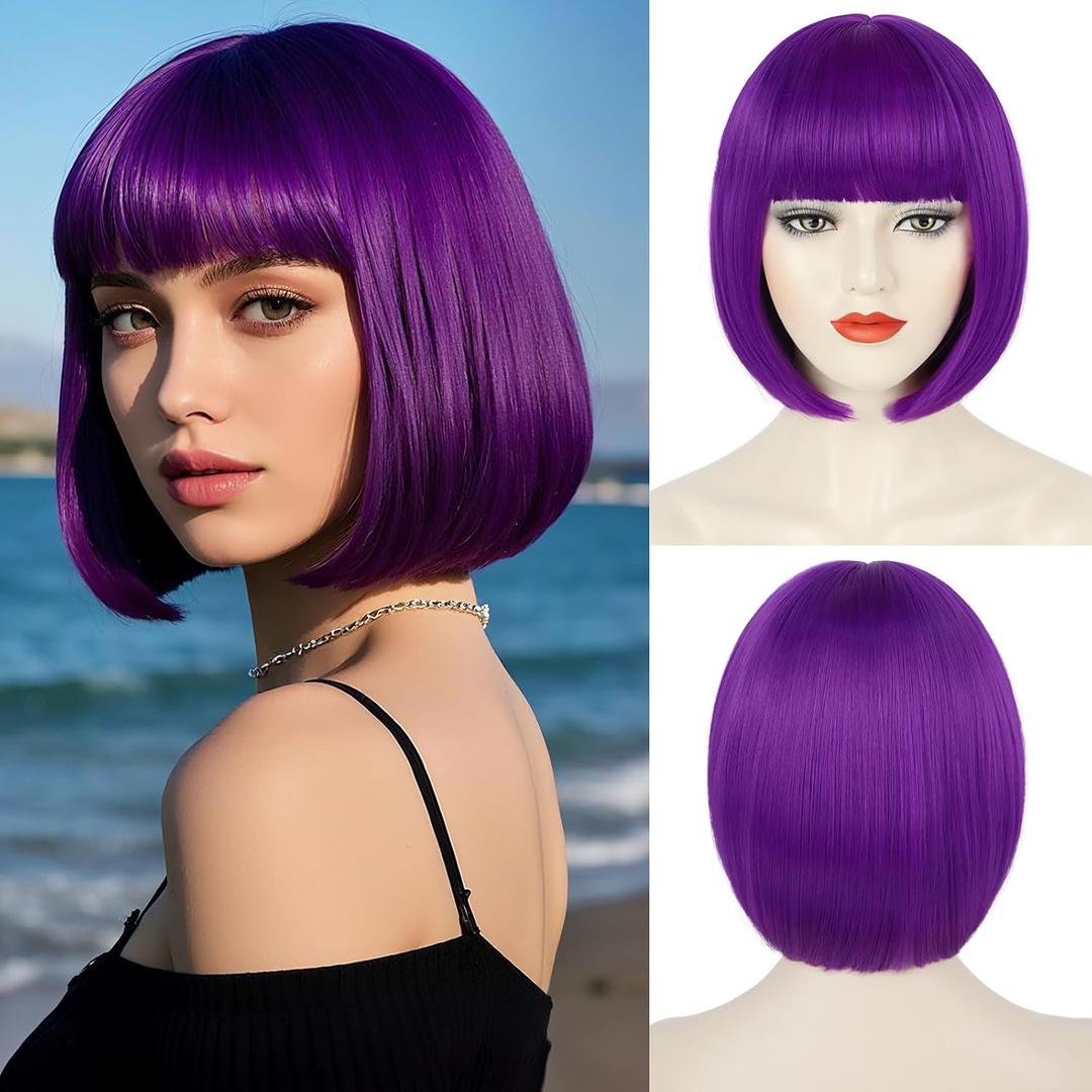 Dark Purple Bob Wig + Sunglasses + Free Wig Cap for Women Short Straight Bob Wig with Bangs Heat Resistant Synthetic Colorful Funny Wig for Party Cosplay Costume Halloween Use (12 Inch)