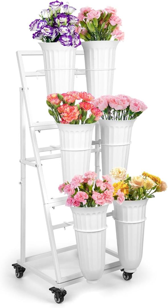Flower Display Stand With 6 Buckets, Flower Bar with Wheels, Flower Cart Display Stand for Florist Garden Wedding Home Decor (White)