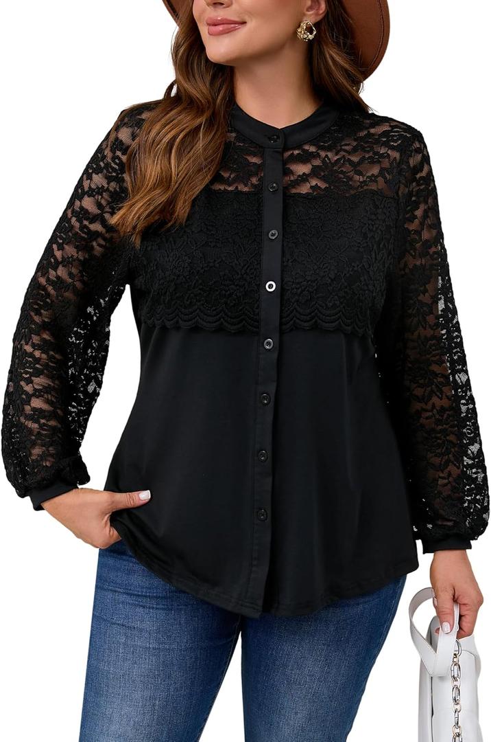 Plus Size Blouse for Women - Elegant Lace Flowy Tunic Tops Dressy Casual Long Sleeve Button Down Shirts (Black, XXL)