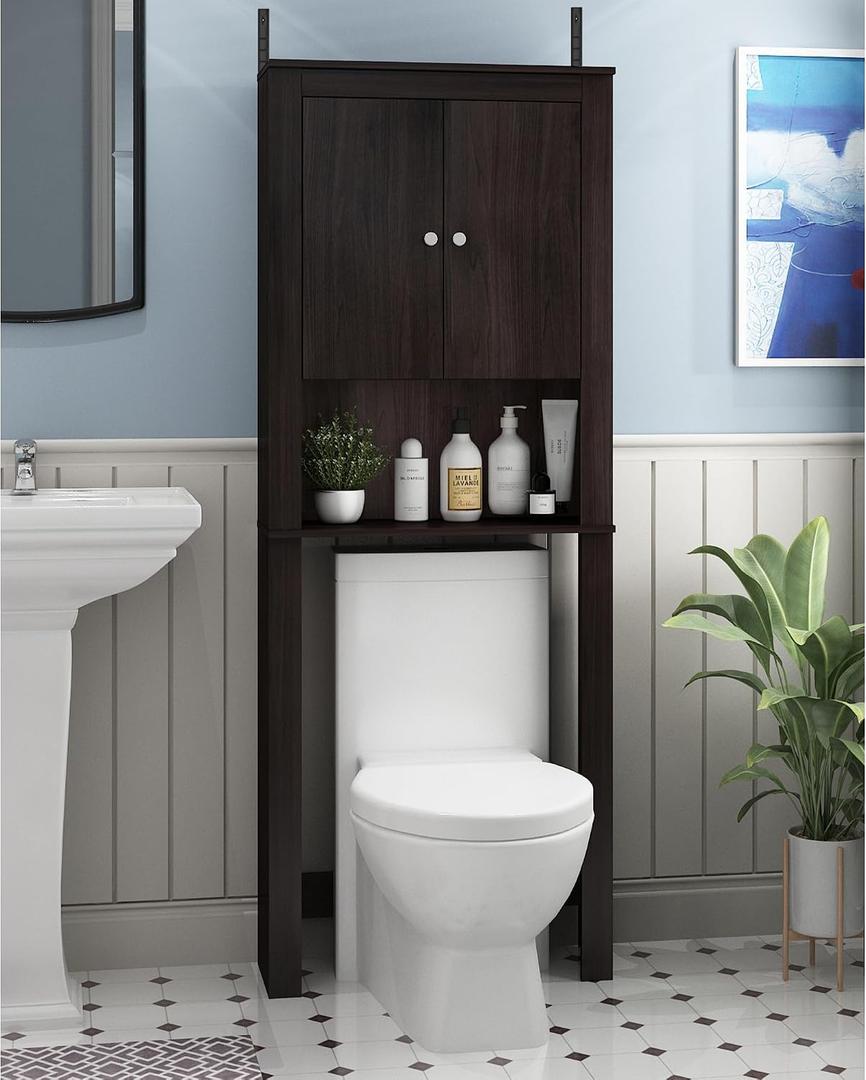 Furinno Indo Black Over The Toilet Storage with Double Doors, Bathroom Storage Cabinet, Bathroom Shelf, Space Saving Over The Toilet Organizer, Black Espresso