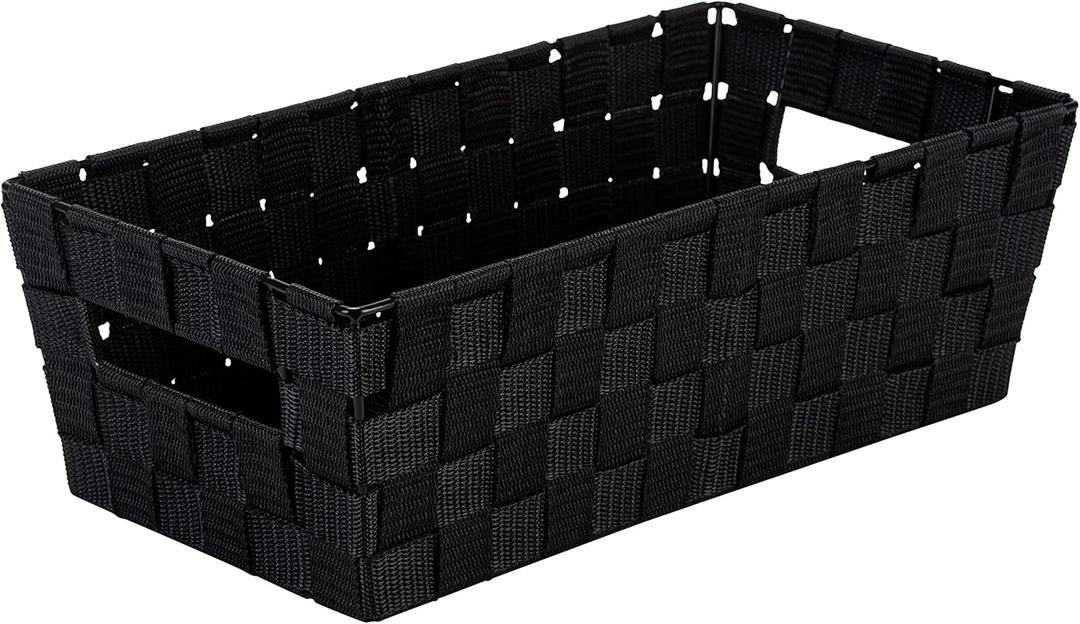 Simplify Extra Long Shelf Woven Strap Tote | Decorative Storage Basket | Built in Handles | Organization | Closet | Bedroom | Bathroom | Nursery | Accessories | Toys | Gifts | 1 Pack | Black
