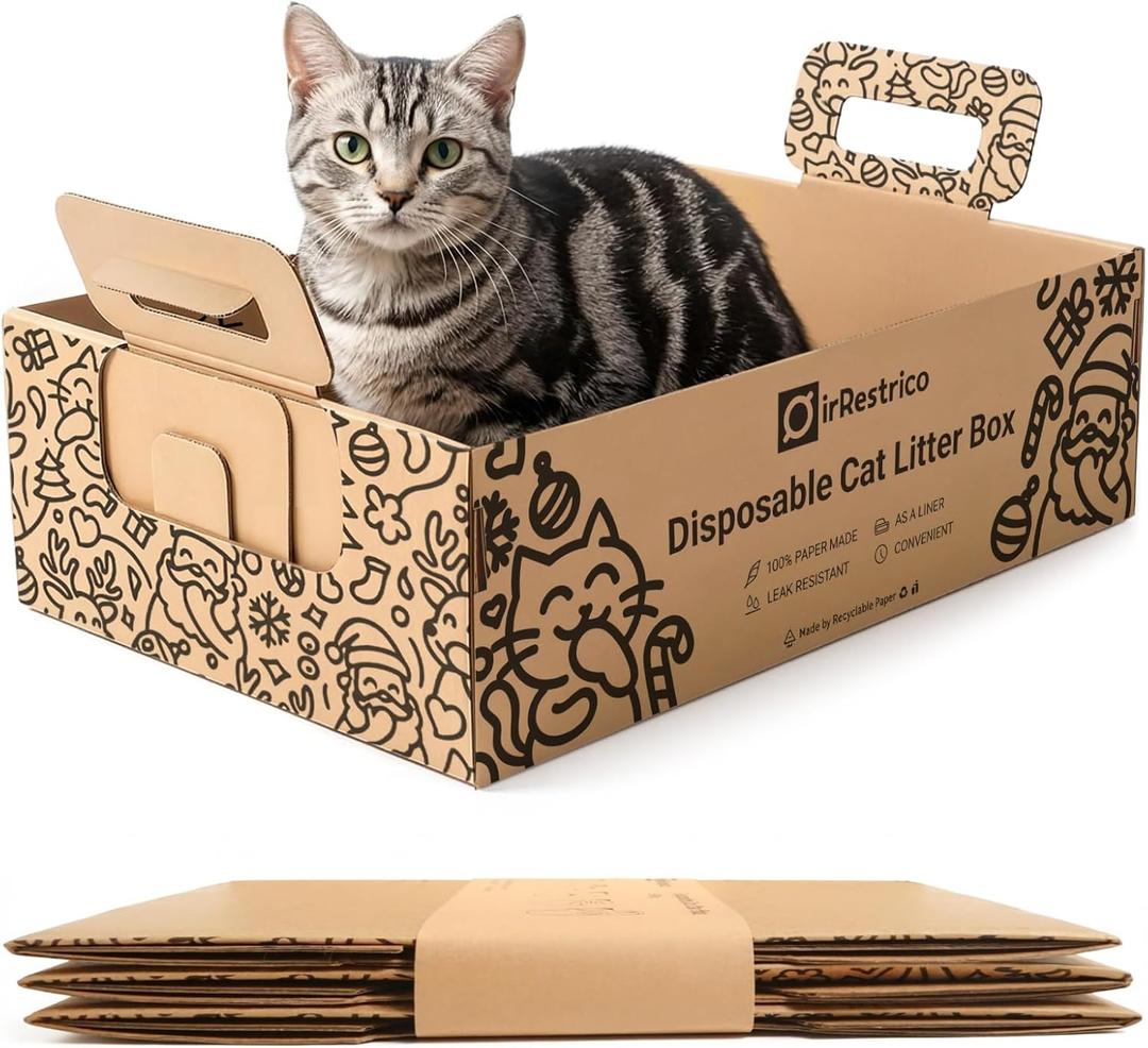 3-Pack Disposable Cat Litter Box, Waterproof & Leak-Resistant Cardboard, Foldable for Travel and Temporary Use, Eco-Friendly with Cute Cartoon Design, Gift for Cat Lovers (Large)
