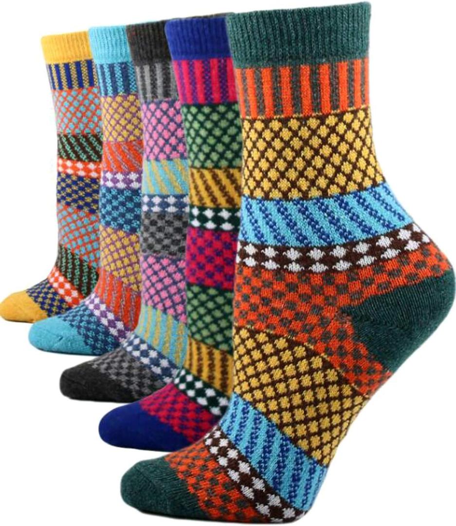 YZKKE 5Pack Womens Vintage Winter Soft Warm Thick Cold Knit Wool Crew Socks, Multicolor, free size (Q-10)