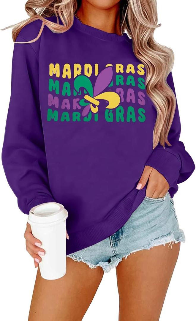 ALLTB Mardi Gras Sweatshirt for Women Carnival Outfit Shirt Fat Tuesday Shirt Holiday Party Long Sleeve Tops (XL)
