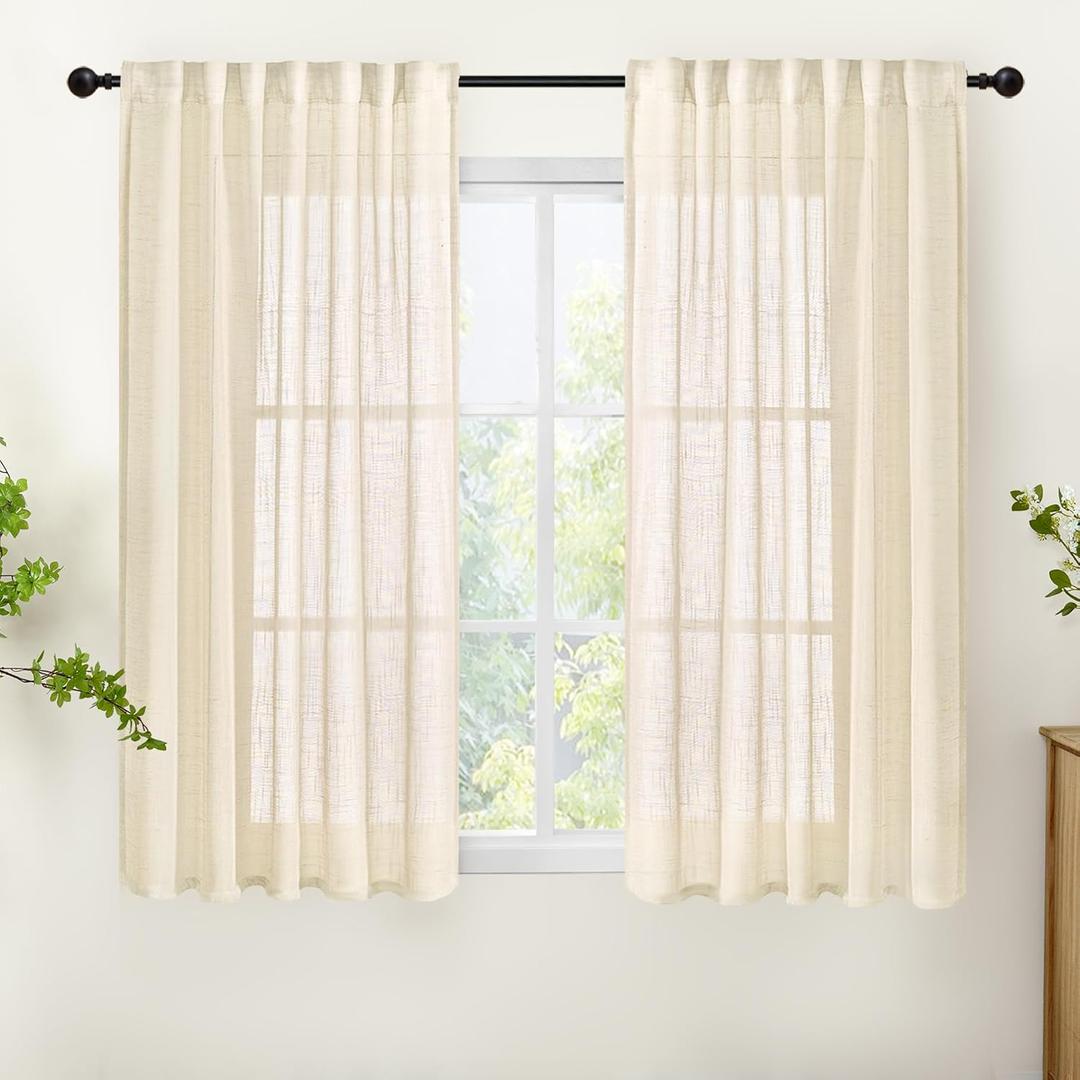 YoungsTex Linen Semi Sheer Curtains 54 Inch Length for Living Room Window - Short Light Filtering Drapes with Rod Pocket Back Tab for Bedroom, Beige, 2 Panels, 42 X 54 Inch