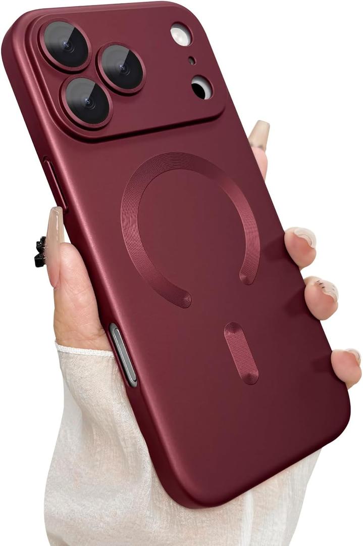 Magnetic for iPhone 17 Pro Max Case, with Camera Lens Protector, Compatible with Magnetic, Slim Shockproof Bumper Soft Silicone Metallic Luster Phone Case for iPhone 17 Pro Max, Wine Red