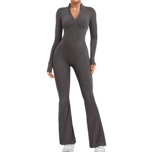 YEOREO Women Long Sleeve Flare Workout Jumpsuit Zip Up Romper Bottom Pants Wide Leg Bodysuit Bodycon Sexy One Piece (Ash)