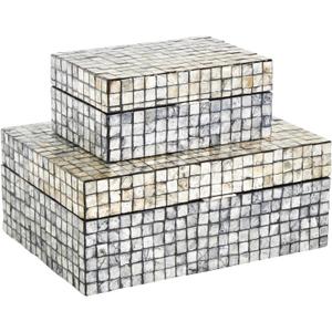 Deco 79 Mother of Pearl Shell Geometric Handmade Decorative Box Square Mosaic Storage Decorative Keepsake Box with Beige Accents, Set of 2 Storage Box 12", 8"W, Gray Deco 79 Mother of Pearl Shell Geometric Handmade Decorative Box Square Mosaic Storage Decorative Keepsake Box with Beige Accents, Set of 2 Storage Box 12", 8"W, Gray