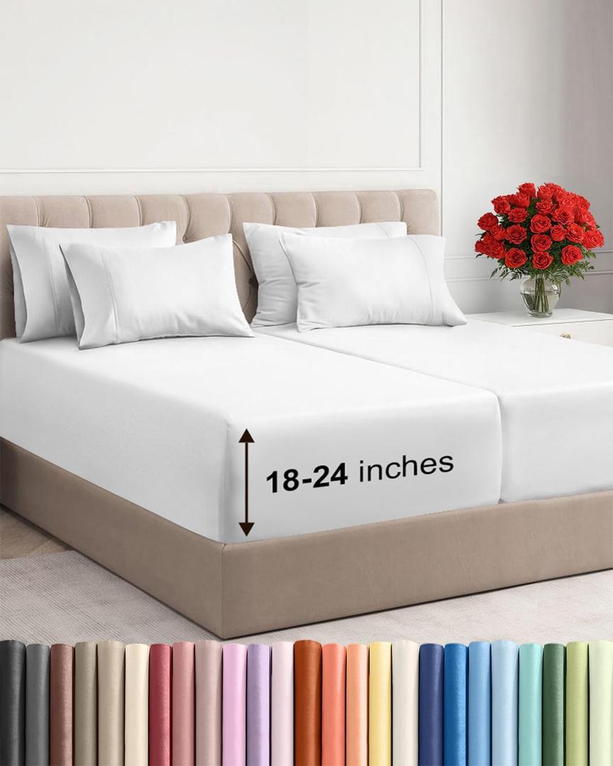 Extra Deep Split King Sheet Set - 7 Piece Breathable and Cooling Sheets - Hotel Luxury Bedding for Women, Men, Kids & Teens - Easy Secure Fit - Soft, Wrinkle Free & Comfy - Extra Deep Pockets - White
