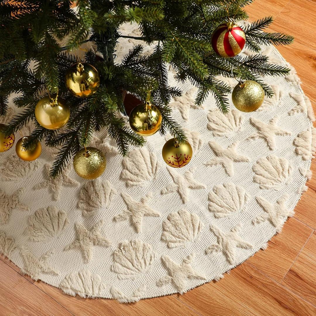 Soulchen 36 Inch Christmas Tree Skirt Ocean Jacquard White Plush Xmas Tree Skirt Rustic Decoration for Merry Christmas Party Faux Fur Decor