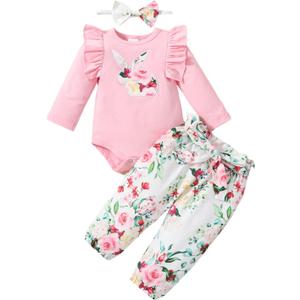 FOCUTEBB My First Easter Outfit Baby Girls Newborn Infant Clothes Easter Bunny Ruffled Romper Pants Clothes Set 0-18 Months