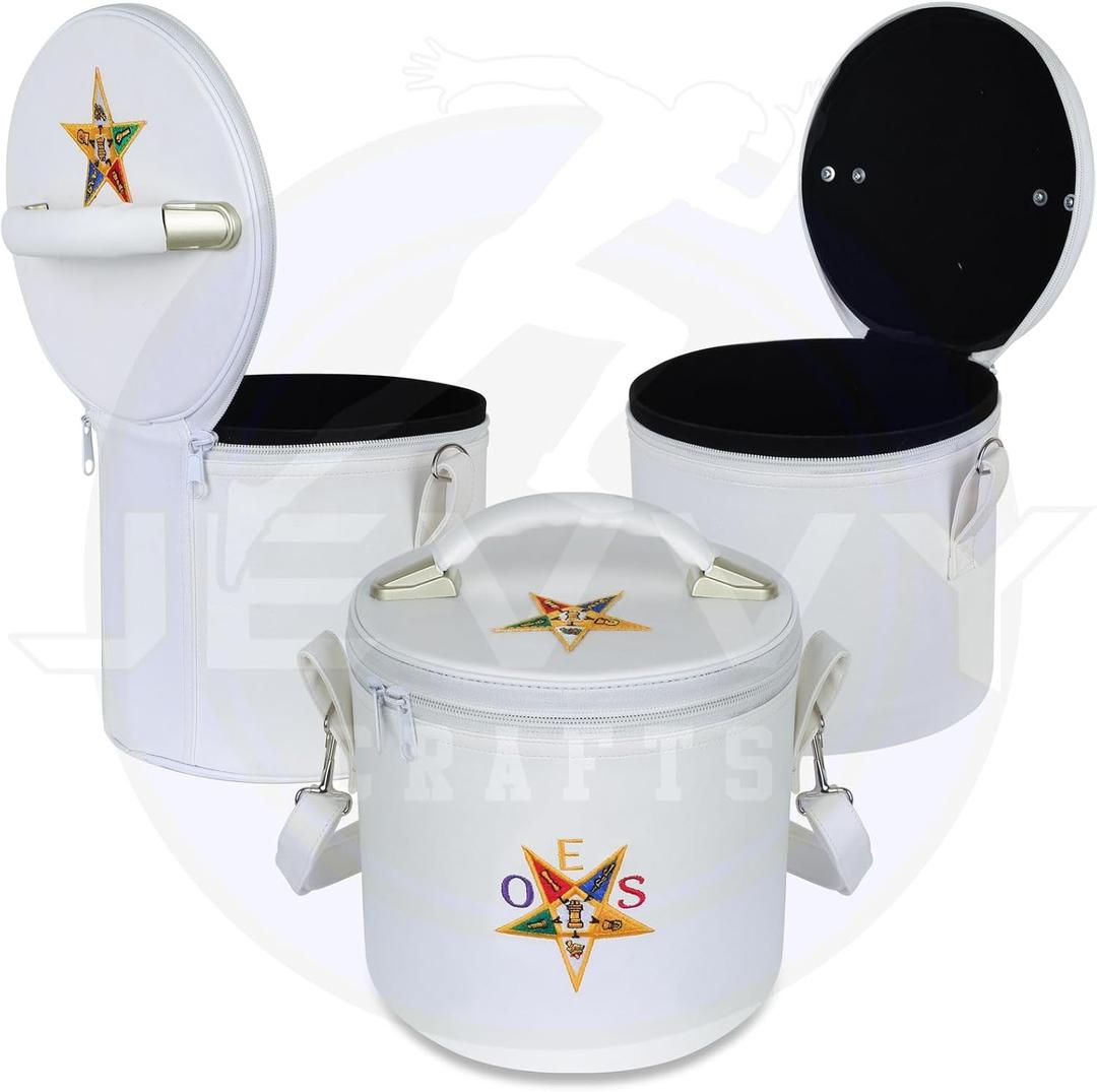 Masonic OES Crown, Fez Case - Order of Eastern Star White Fez Cap For Freemasons With Strap For Hanging on Shoulder