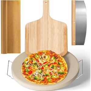 5 PCS Large Pizza Stone Set,Heavy Duty 16" Pizza Stone for Oven and Grill with Handle Rack,Pizza Peel(OAK), Pizza Cutter Rocker & Cooking Paper,Large Baking Stone for Pizza, Bread