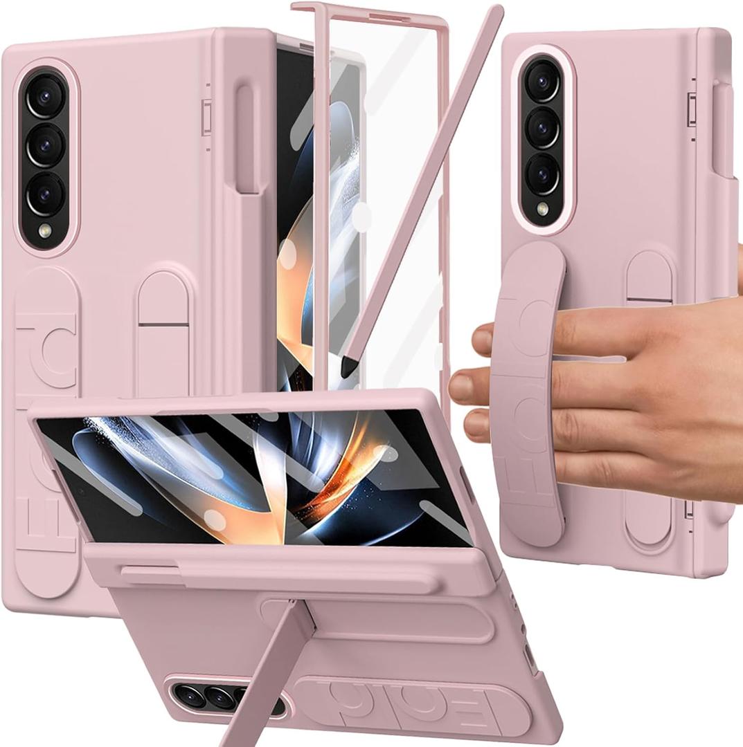 for Samsung Galaxy Z Fold 3 Case with S Pen Holder & Slim Stylus, Fold3 Hand Strap Case with Kickstand Hinge Protection Screen Protector Wristband Hand Grip Cover for Z Fold 3 Pink