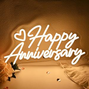 SYLHOME Happy Anniversary Led Neon Light Sign Family Business Celebrate Banner Wall Sign Decor Birthday Wedding Anniversary Valentine's Day Backdrop 15.75" X 9.8" USB Warm White