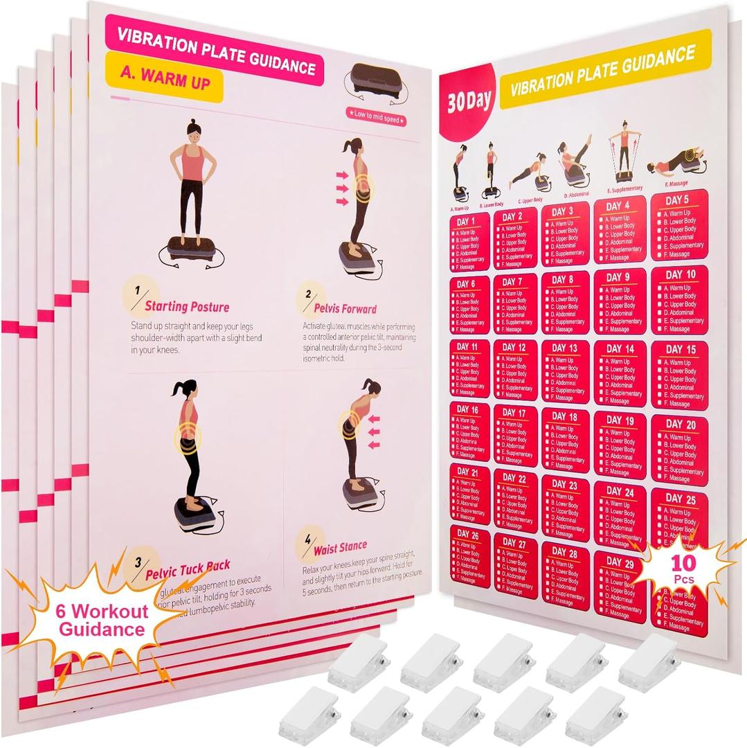 Vibration Plate Exercise Machine Poster - Upgraded 6 Workout Guidance & 10 Pcs Planner & 10 Pcs Double-Sided Clips, Comprehensive Whole Body Wave Vibrating Workout Chart, Pink