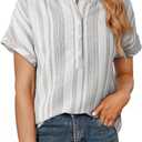 Astylish Womens Striped Henley Neck Linen Shirt Casual Button Down Cap Sleeve Blouse Tops (S)