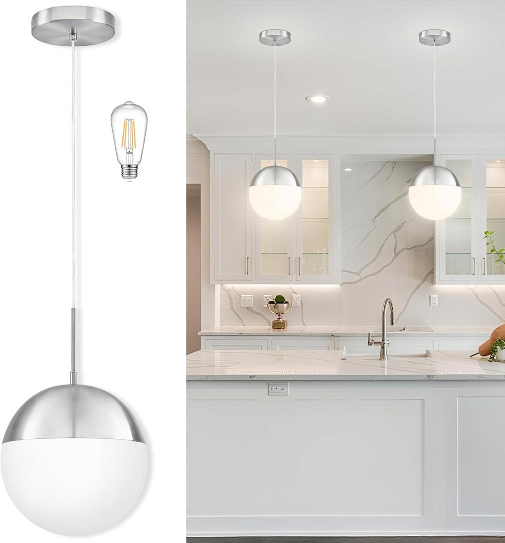 10 Inch Nickel Mid Century Modern Pendant Light Pendants for Kitchen Island Frosted Milky White Glass Globe Height-Adjustable Modern Hanging Globe Pendant Light for Bedroom (Bulb Incl)