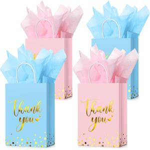 Tinlade 30 Pcs Thank You Gift Bags with Tissue Paper Gold Thank You Wedding Bags with Handle for Graduation Business Shopping Wedding Baby Shower Party Favors (Light Blue, Pink)