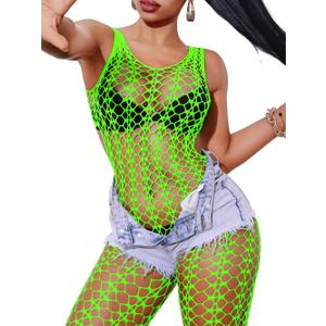 Sexy Fishnet Jumpsuit, Rave Glow Outfits, Size Fit 0-18, Mesh Wear Dancer Exotic Dancewear Lace Bodystocking (Neon Green)