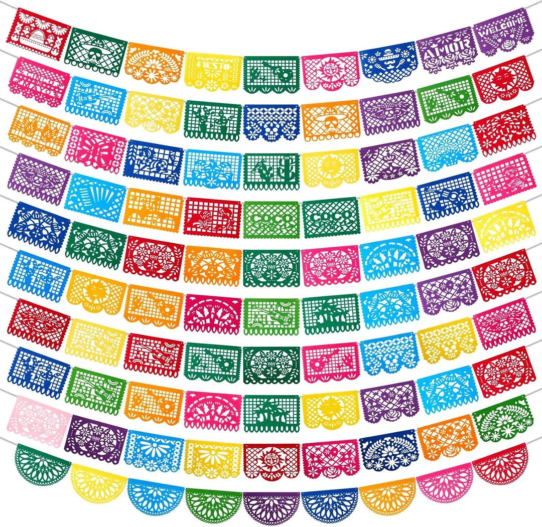 Oudain 10 Pack Mexican Party Banners Fiesta Party Decoration 164 Ft Felt Cinco de Mayo Papel Picado Banner for Mexican Theme Day of the Dead Dia De Los Muertos Supplies