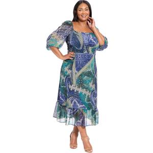 London Times Women's Women's Square Neck 3/4 Sleeve Paisley Midi Dress - Fit and Flare Wedding Guest Dresses (Blue) 18W