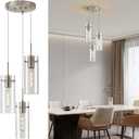 Modern Cluster Pendant Lights, Brushed Nickel Cluster Chandelier with Clear Ribbed Glass, 3 Light Pendant Lighting for Kitchen Island, Staircase, Dining Room, Living Room