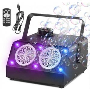 Bubble Machine with Remote Control and 6 Color LED Lights, 2 Hole Bubble Blower Dual Mode Output USB Powered Portable Metal Design for Outdoor Wedding Party Stage Lighting