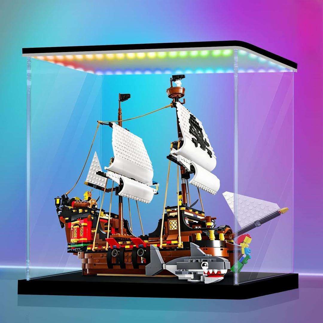 LANSCOERY RGB Lighted Acrylic Display Case, Dustproof Showcase Box with UV Protection for Figures, Collectibles, Toys - 17.7x17.7x17.7inch