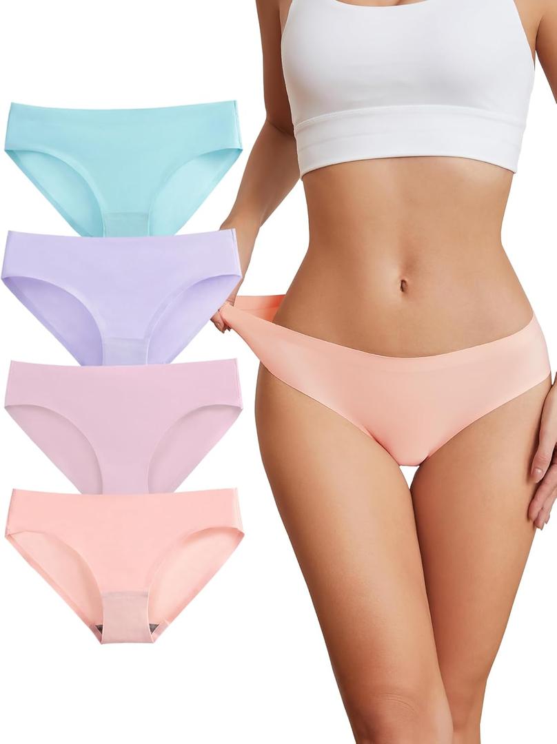 Bolivelan Women's Seamless Hipster Underwear No Show Soft Briefs Low Rise Stretch Bikini Underwear 4 Pack (7) Assorted
