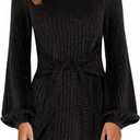 ANRABESS Womens 2025 Fall Dress Long Lantern Sleeve Ribbed Knit Casual Tie Waist Lightweight Mini Sweater Dress (Large, Black)