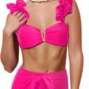 SPORLIKE Women High Waisted Swimsuit Flounce Straps Bikini Bathing Suit (Pink, L)