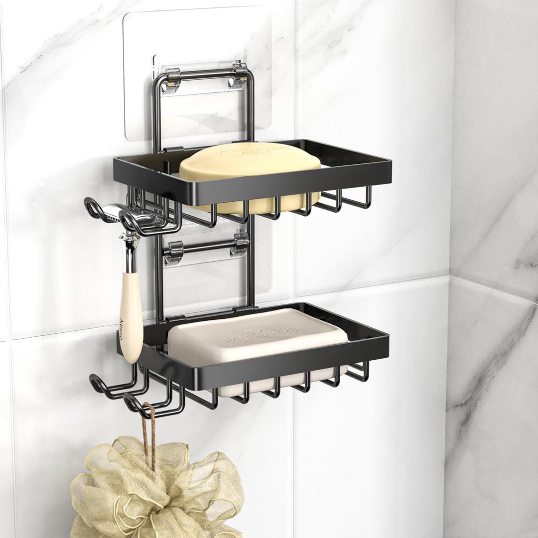 Moforoco Double Soap Bar Holder for Shower, No Drilling, 304 Stainless Steel, Wall Mounted Soap Holder with 4 Hooks and Razor Holder, Shower Rack Soap Tray Bar Soap for Bathroom Accessories Organizer (2-T, Black)