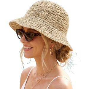 Women Straw Sun Hat Packable Foldable Floppy Wide Brim Beach Bucket Hat UV Protection Travel Vacation Accessories