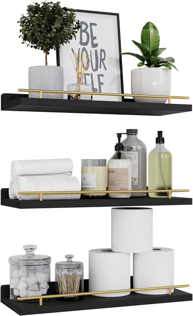 WOPITUES Floating Shelves with Gold Metal Guardrail, Shelves for Wall Decor Set of 3, Wall Shelves for Bedroom, Bathroom, Kitchen, Living Room, Plants, Picture Frames, Art- Black and Gold (15.7 inch)