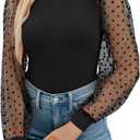 WAYMAKER Women's Mock Turtle Neck Polka Dot Sheer Mesh Puff Long Sleeve Bodysuit Blouses Tops Shirts (Black) L