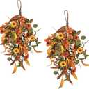 2pcs 20 Inch Artificial Fall Teardrop Swag Autumn Sunflowers Pumpkins Leaves Berries Door Swag Wreath Hanging Flower Autumn for Thanksgiving Halloween Front Door Wall Decor(2pcs Sunflowers)