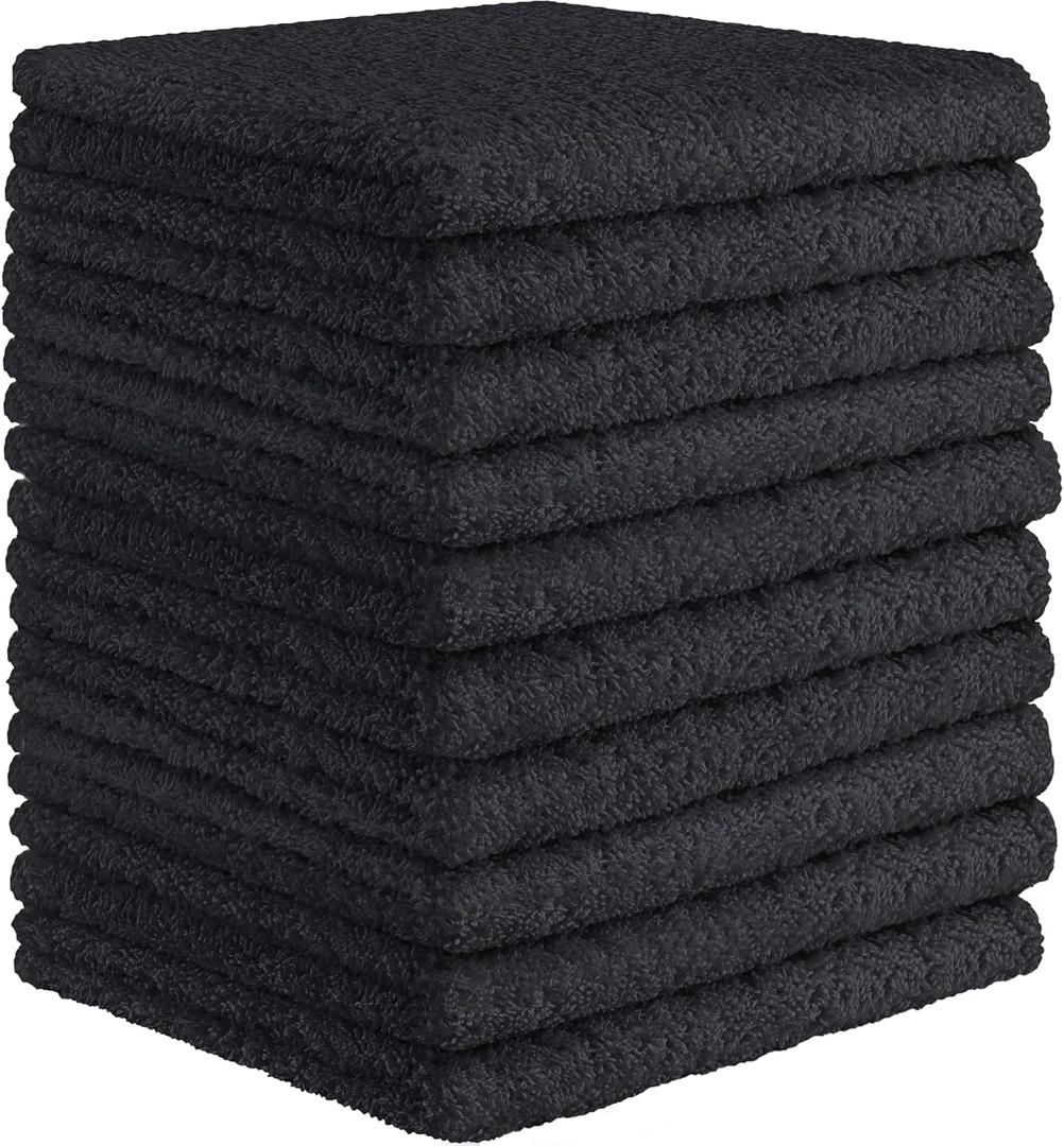 DecorRack 10 Pack 100% Cotton Wash Cloth, Luxurious Soft, 12 x 12 inch Ultra Absorbent, Machine Washable Washcloths, Black (10 Pack)