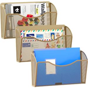 EasyPAG 3 Pack Wall File Organizer, Metal Mesh Hanging File Folder Holder for Letter/A4 Size Folders, Vertical Wall Mount Mail Sorter for Office Paperwork, Classroom, Gold