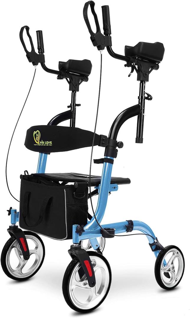 WINLOVE Upright Rollator Walker- Walkers for Seniors Tall Stand up Rolling Mobility aids with ArmrestPadded Seat, Backrest and Shopping Bag Blue