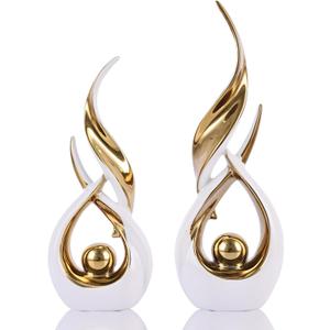 2-Piece Abstract White and Gold Home Decor, Ceramic Abstract Sculpture, Modern Art Piece, Suitable for Room Coffee Table Countertops, Office Bookshelves, Dining Table Centers, Entryway Decor. (Wg)