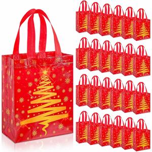 Threlaco 30 Pcs Christmas Gift Bags Bulk Reusable Non Woven Christmas Tree Red and Gold Goodie Treat Bags with Handles for Xmas Holiday Party Favors Gifts Wrapping, 10 x 8 x 4 Inch