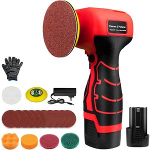 Cordless Sander, 3" Palm Sander with 16.8V 3.0Ah Li-ion Battery, 3500RPM Mini Polisher, 19 Accessories Sanders Tool for Sanding/Polishing/Waxing/Cleaning (Red-black)