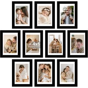 10 Packs 4x6 Picture Frame Bulk, Display 3.5x5 with Mat or 4x6 Without Mat, Black Gallery Frame Set, 4 by 6 Frames Bulk Set of 10, Collage Wall Decor Photo Frame Set for Wall and Tabletop, Black