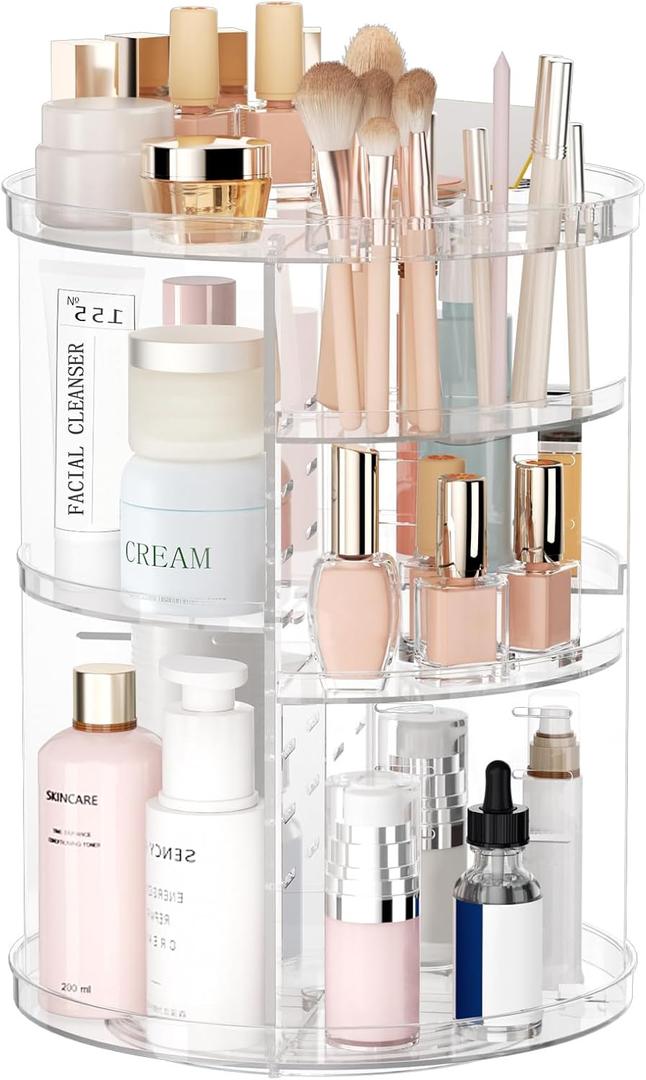Rotating Makeup Organizer, DIY 8 Adjustable Layers Spinning Skincare Organizer, Cosmetic Display Case with Brush Holder Perfume Tray, Multi-Function Storage Carousel for Vanity Bathroom Countertop (Clear)