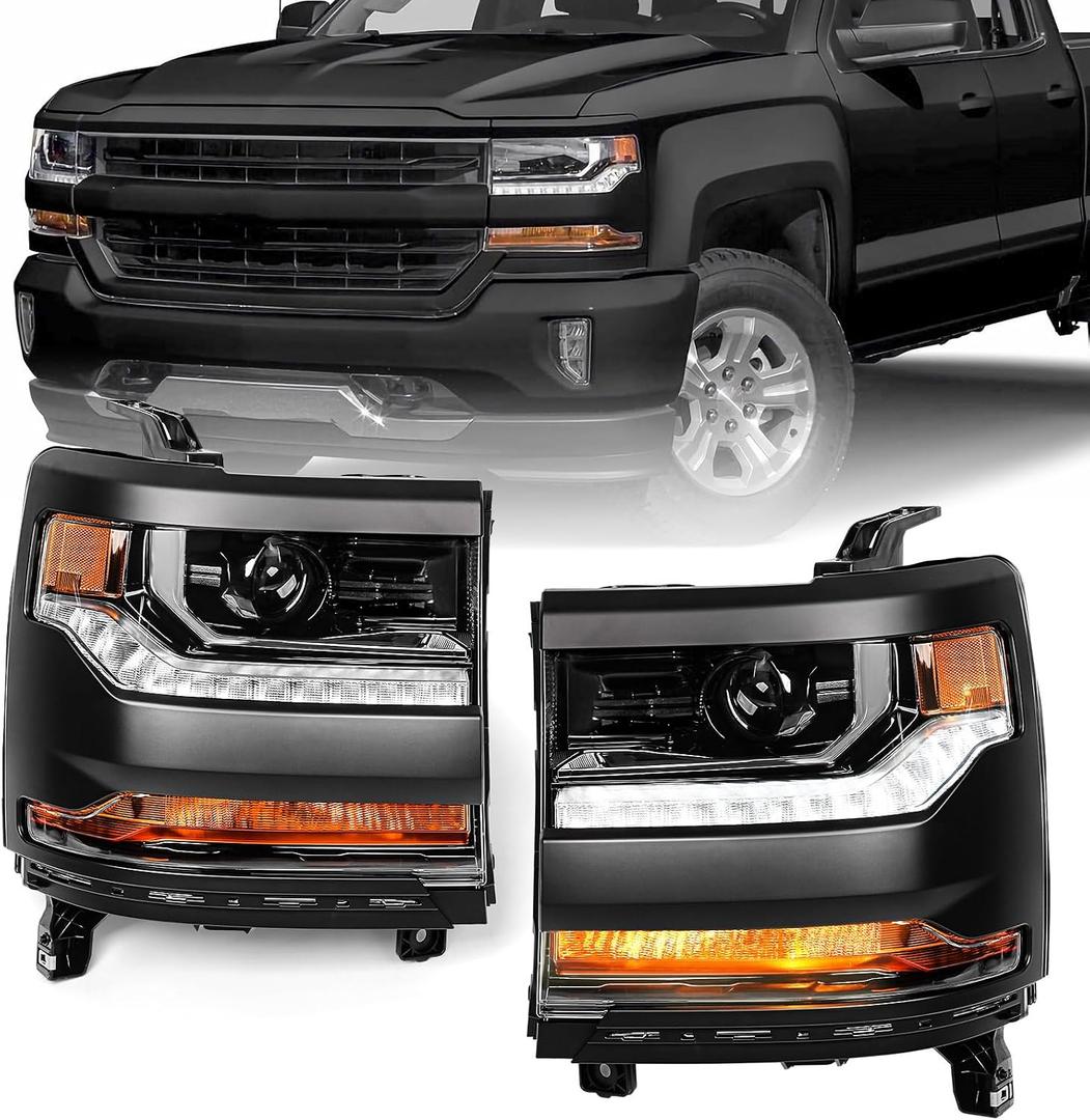 Headlight Assembly Compatible with Chevy Silverado 1500 2016 2017 2018 (Hid/Xenon Model) Factory Replacement Head Light Lamp Black Housing Driver & Passenger Side Pair