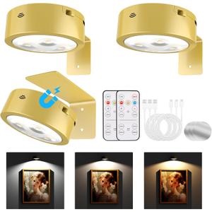 Picture Lights for Wall, Rechargeable Battery Operated Wireless Magnetic Painting Lights with Remote Dimmable and Timer, Wall Decor Lights with 3 Lighting Modes for Art Display (Golden, 3Pack)